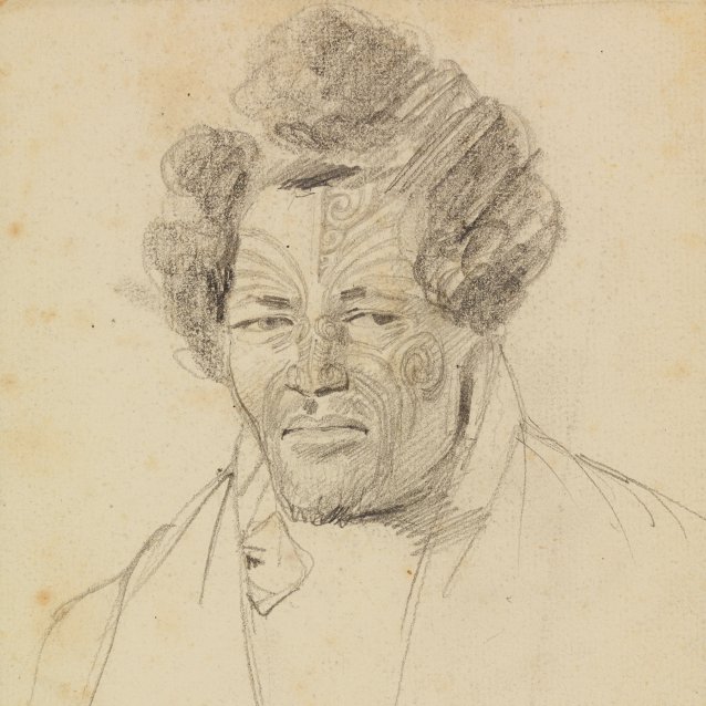 Bust-length portrait of &lsquo;Edanghe from long Islands&rsquo;, a heavily-tattooed Maori man, 1834-35
