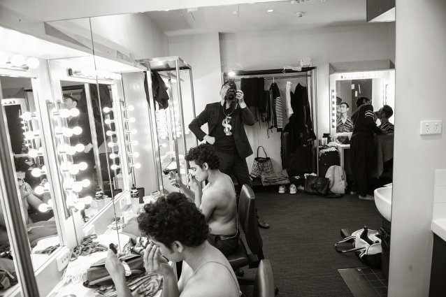 Collaboration &ndash; Sam Goraya, 
Santosh Ram and Samir Kumar Panigrahi backstage before a performance of Kundalini: The Awakening!, n.d.