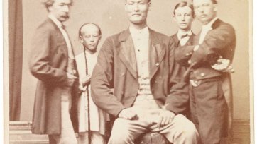 Chang the Chinese giant in European dress with Chinese boy and three European men, one of whom is his manager Chang the Chinese giant in European dress with Chinese boy and three European men, one of whom is his manager