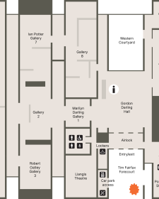 A floorplan of the Gallery showing the location of the entrance, cafe, shop and toilets