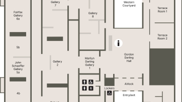 A floorplan of the Gallery showing the location of the entrance, cafe, shop and toilets