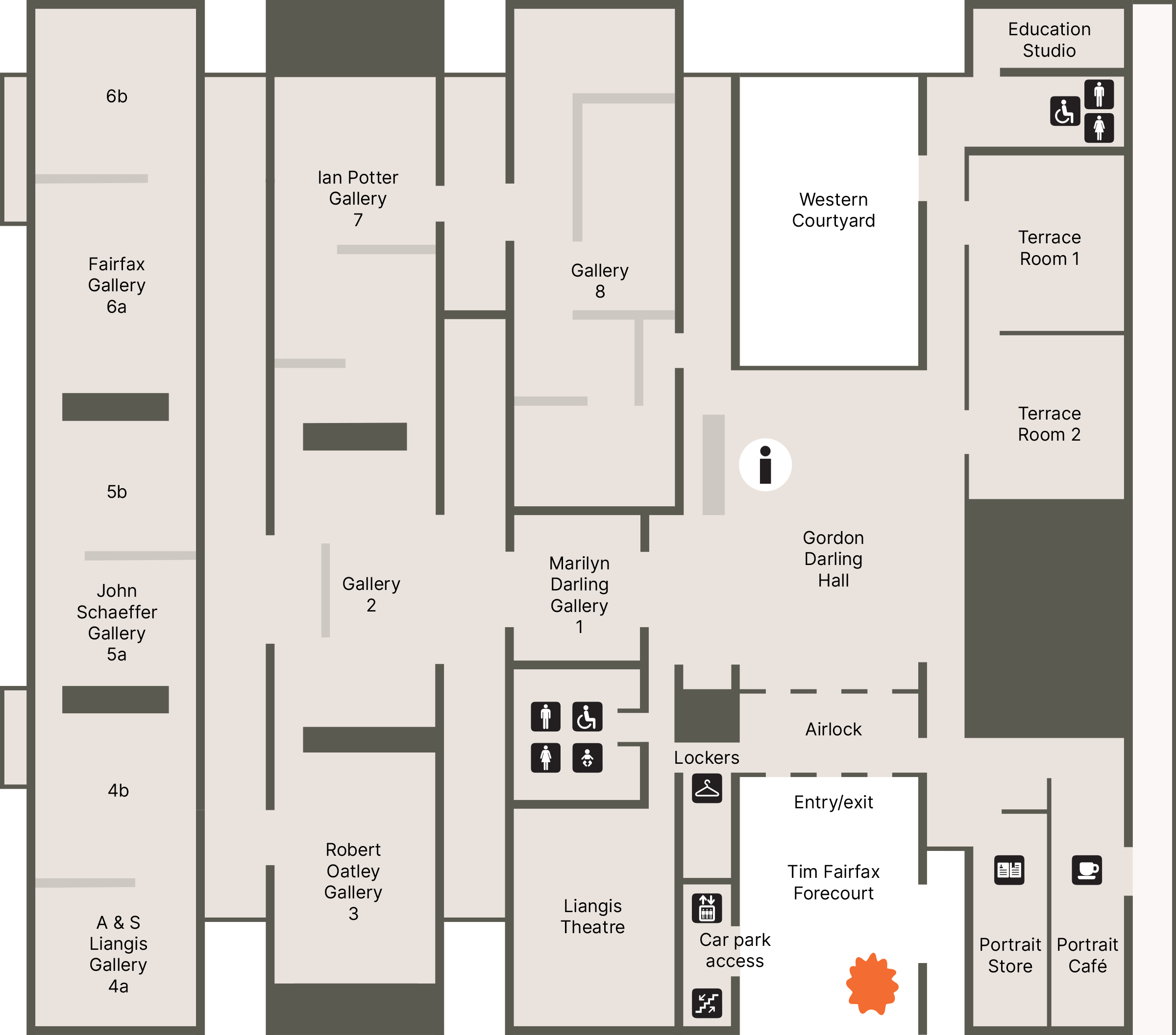 A floorplan of the Gallery showing the location of the entrance, cafe, shop and toilets