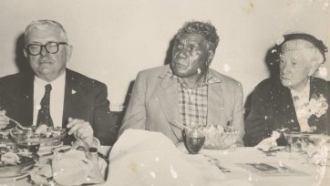 Dr HV Evatt, Albert Namatjira and Dame Mary Gilmore having a meal Dr HV Evatt, Albert Namatjira and Dame Mary Gilmore having a meal